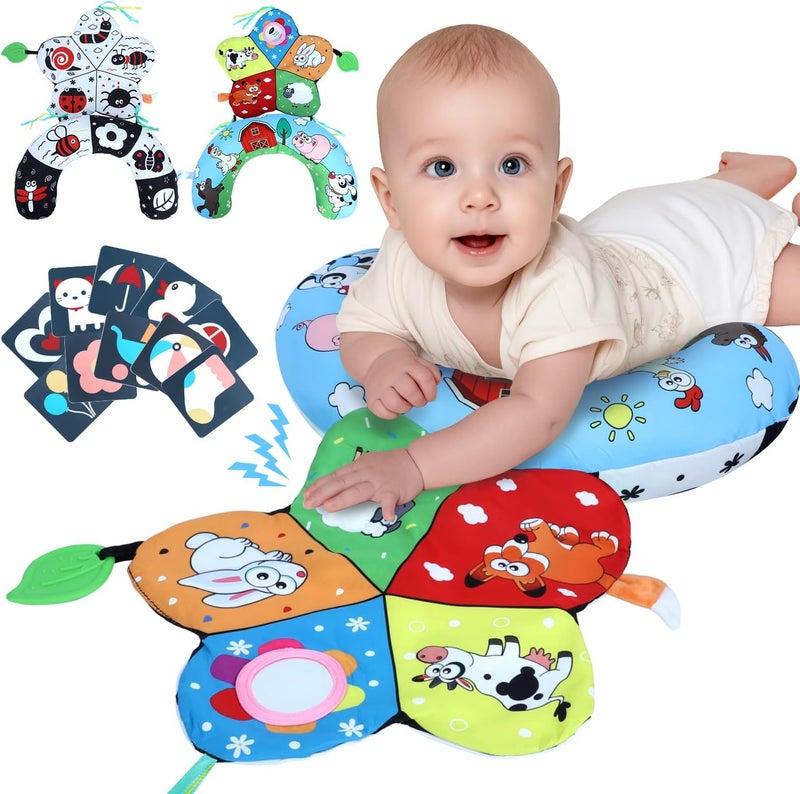 USATDD Tummy Time Pillow, High Contrast Tummy Time Mat with Black & White Flash Cards, Double-Sided Tummy Time Cushion with Mirror & Teether Sensory Toys, Baby Toys for Infant Newborn 0-12 Months Babies - Image 1